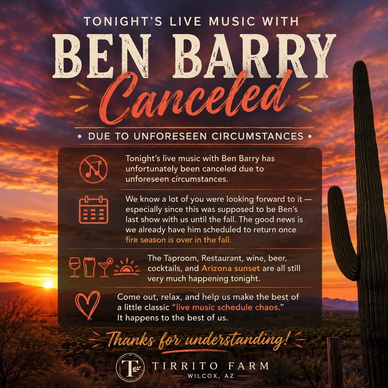 Tonight&rsquo;s live music with Ben Barry has unfortunately been canceled due to unforeseen circumstances.

We know a lot of you were looking forward to it &mdash; especially since this was supposed to be Ben&rsquo;s last show with us until the fall.