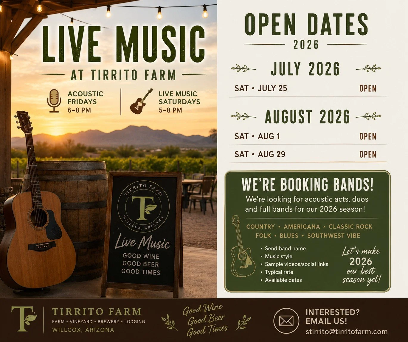 🎶 OPEN LIVE MUSIC DATES &ndash; TIRRITO FARM 🎶

We still have a few open Saturdays available for 2026 and are looking for great bands, acoustic acts, and duos to join the lineup!

OPEN DATES

July 2026

* Sat &bull; July 25

August 2026

* Sat &bul