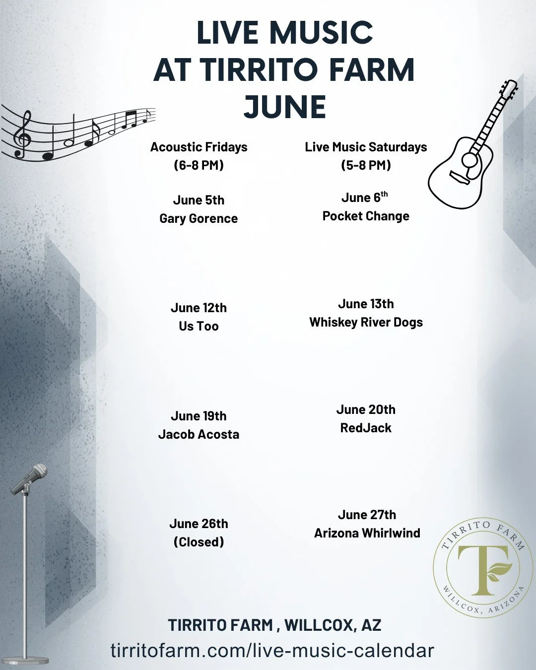 🎶 June is packed with live music at Tirrito Farm!

Cool desert evenings, local wine &amp; beer, fresh food, and live music every weekend out in Willcox. Honestly&hellip; not a bad way to survive Arizona summer. 🌵🍺🍷

🎸 Acoustic Fridays &bull; 6&n