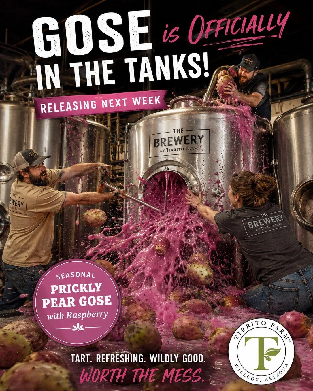 Prickly Pear Gose is officially in the tanks! 🌵🍺

And apparently the prickly pears are attempting a full-scale escape.

Our seasonal Sonoran Prickly Pear Gose with Raspberry is brewing now and should be releasing next week. Bright, tart, refreshing