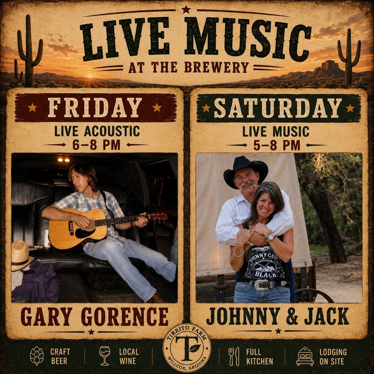 Live music all weekend at Tirrito Farm 🎶🌵

Friday night, Gary Gorence brings acoustic music to the farm from 6&ndash;8 PM.

Then Saturday, Johnny &amp; Jack take the stage from 5&ndash;8 PM with live country music, cold drinks, and desert sunset vi