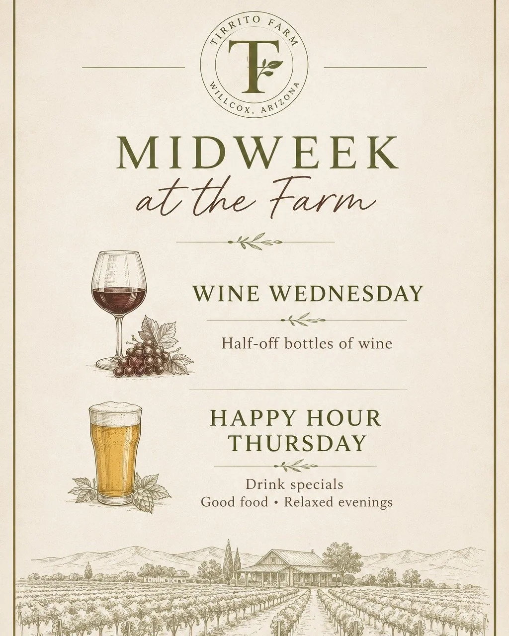 Let&rsquo;s be honest&hellip; the middle of the week deserves a little reward. 🍷🍺

Join us at Tirrito Farm for our weekly midweek specials:

🍷 Wine Wednesday &mdash; half-off bottles of wine
🍺 Happy Hour Thursday &mdash; drink specials and a grea