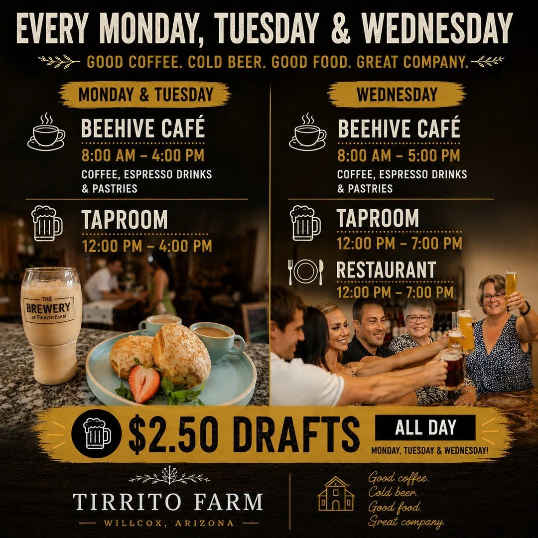 ☕🍺 Start your week at Tirrito Farm!⁠
⁠
Whether you&rsquo;re craving a handcrafted coffee, a fresh pastry, lunch with friends, or an ice-cold craft beer, we&rsquo;ve got you covered.⁠
⁠
Monday &amp; Tuesday⁠
☕ Beehive Caf&eacute;: 8 AM &ndash; 4 PM⁠
