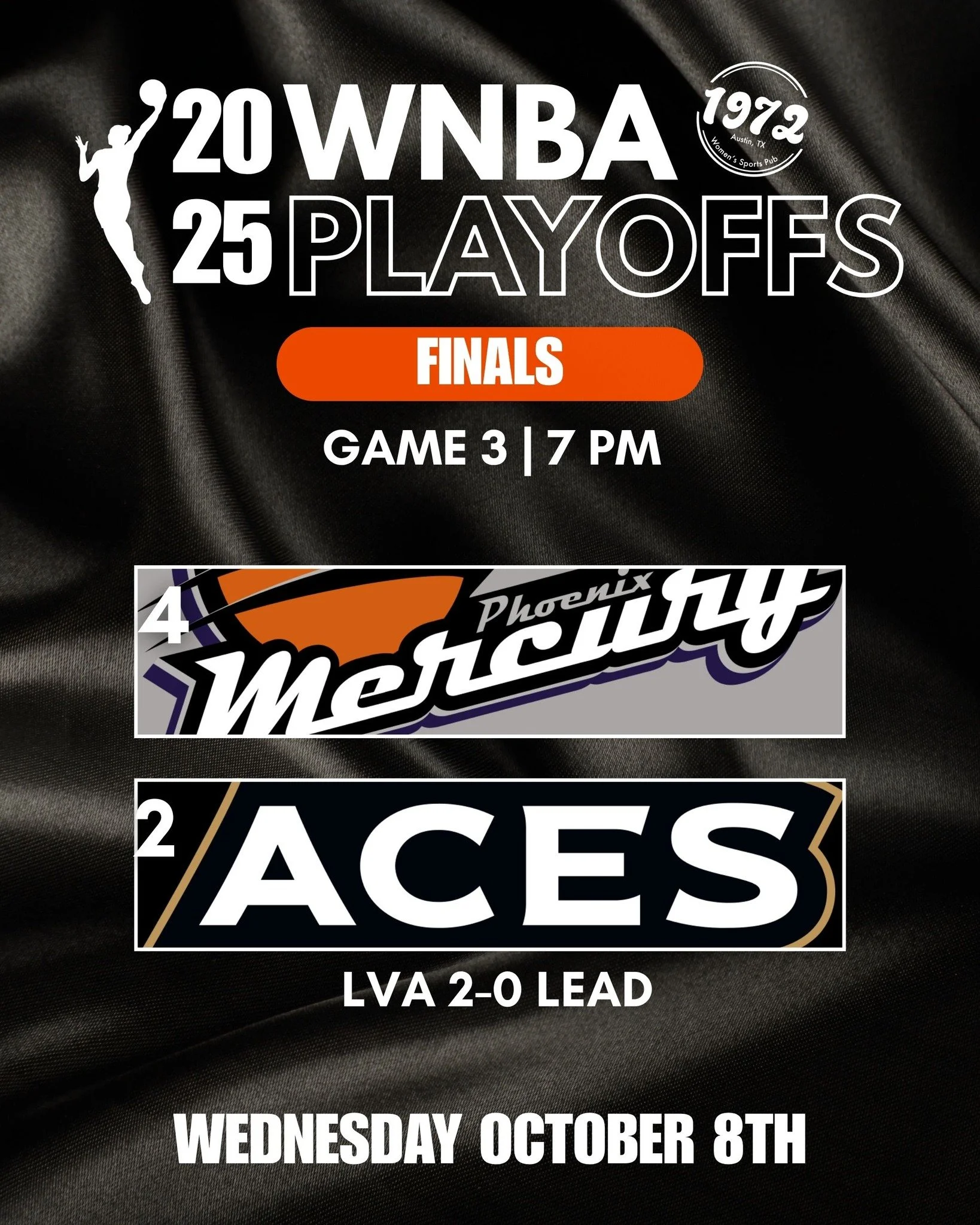 🏀 WNBA Finals: Game 3 is here! Mercury vs Aces &mdash; the series is 2-0 and it&rsquo;s about to get intense! 🔥

Join us at #1972Pub to catch every buzzer-beater, big play, and celebration. Let&rsquo;s cheer on the teams, enjoy cold drinks, and soa