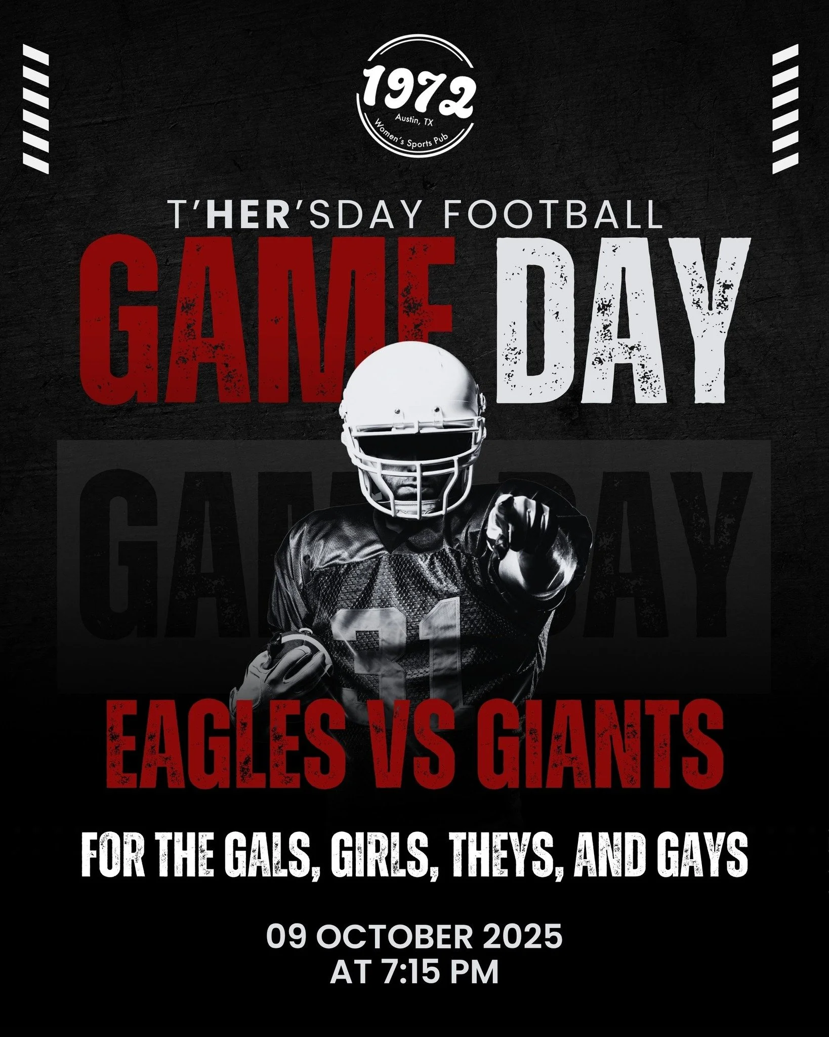 🏈 t&rsquo;HER&rsquo;sday Football Night is here! 

This Thursday, watch the Eagles vs Giants with us &mdash; a safe, fun space for gals, girls, theys, and they to cheer, laugh, and enjoy the game together. 🙌✨

Whether you&rsquo;re a die-hard footba