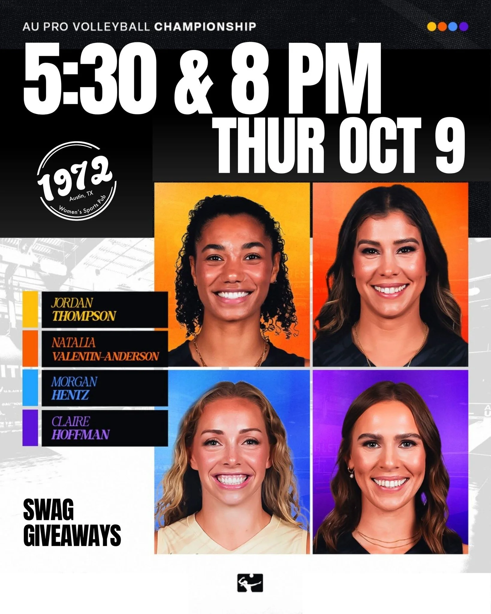 🏐 AU Pro Volleyball Championship Watch Party! 
Catch the action Thursday, Oct 9 at 5:30PM &amp; 8PM at #1972Pub! 🙌

Watch the games, cheer for your favorites, and score some swag giveaways while you&rsquo;re at it! 🎁💥 Don&rsquo;t miss out on the 