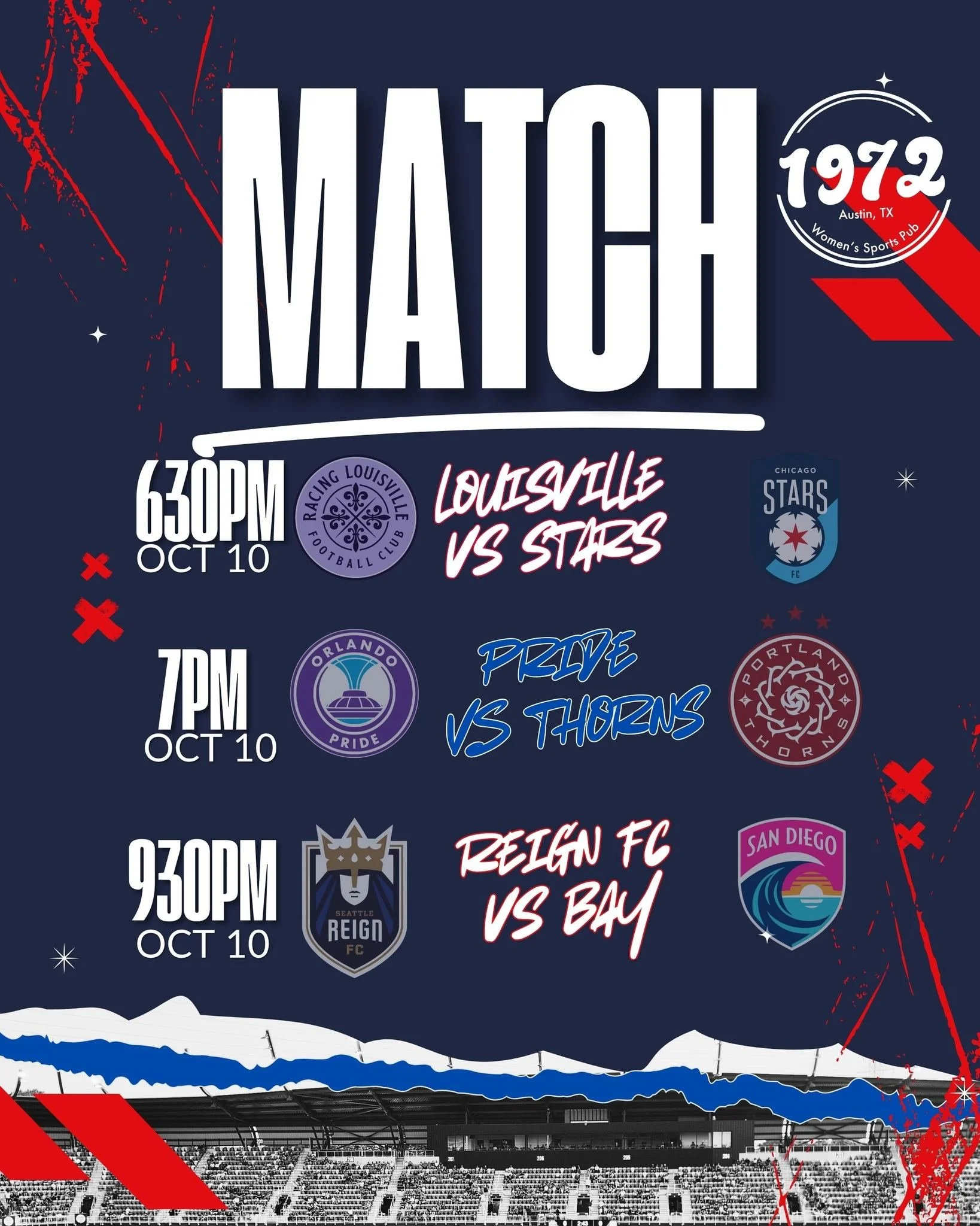 It&rsquo;s a ⚽ triple-header kind of night! 
Join us this Thursday, Oct 10, as we stream all three NWSL matches live at #1972Pub! 🙌

Grab your crew, rep your team, and catch every goal, tackle, and moment &mdash; cold drinks, good vibes, and women&r