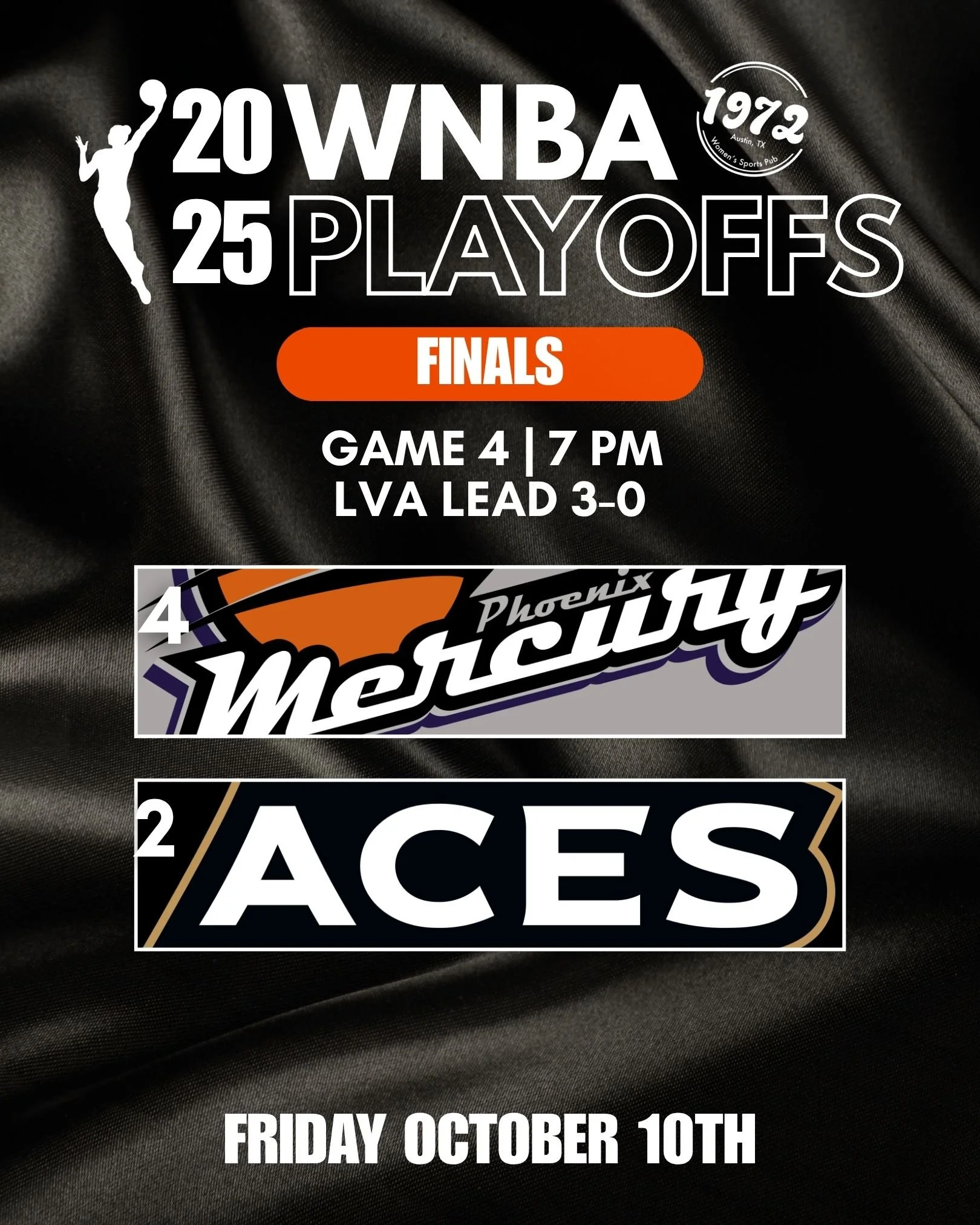 🏀 WNBA Finals: Game 4 Tonight at 7PM! 

The Aces lead 3-0, but the Mercury aren&rsquo;t going down without a fight 🔥 It&rsquo;s win or go home &mdash; if Phoenix pulls off the comeback, Game 5 is set for Sunday at 2PM!

Join us at #1972Pub, your Fr