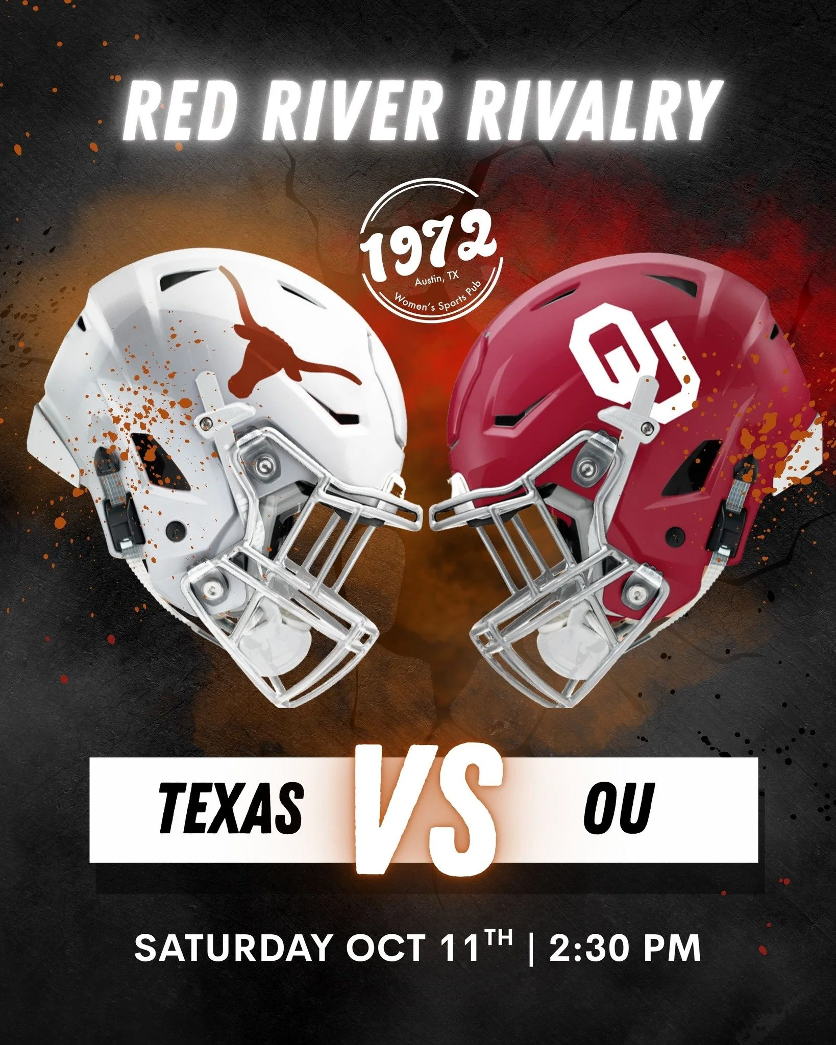 🤠🏈 🤘 It&rsquo;s Texas vs. OU &mdash; the Red River Showdown is here!

Kickoff is tomorrow at 2:30PM, and you already know where to be &mdash; #1972Pub on the Drag!

We&rsquo;re backing the Longhorns all the way, so throw on your burnt orange, grab
