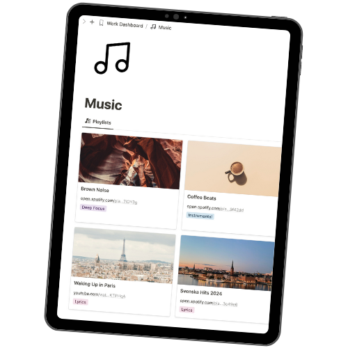 Music section Projects Dashboard within the All-in-one Work Productivity Dashboard Notion Template