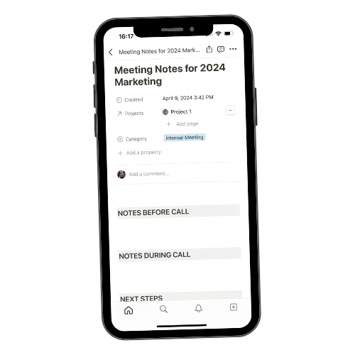 Meeting notes section within the All-in-one Work Productivity Dashboard Notion Template