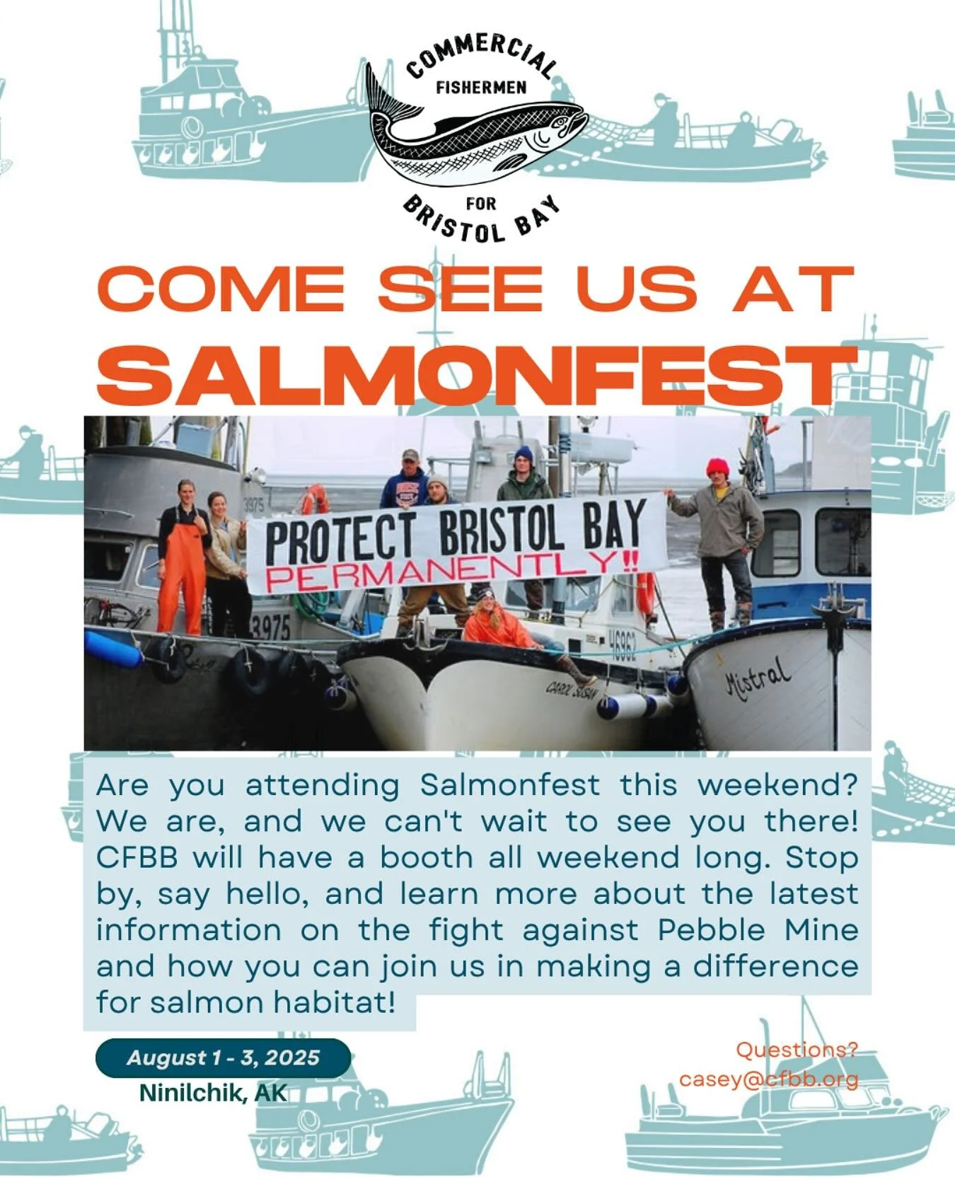 SEE YOU AT SALMONFEST!🐟❤️
Come by our booth and learn how you can help against the fight to save the world&rsquo;s largest wild salmon run! 
Fun Fact: did you know salmonfest started to help amplify the advocacy efforts against Pebble Mine? 
Swing t