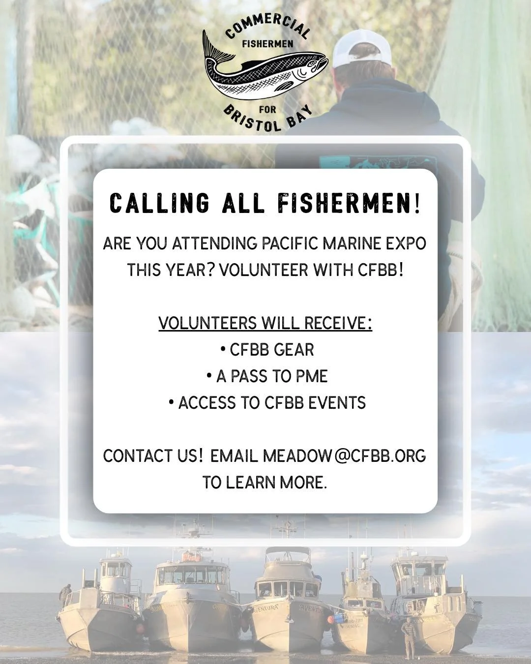 Headed to PME? 🎣
Volunteer with CFBB and help us protect Bristol Bay!
Get CFBB gear, a PME pass, and access to our events &mdash; plus be part of the movement to keep Bristol Bay thriving. 💙

✉️ Email Meadow@cfbb.org to join the crew.
#CFBB #Protec