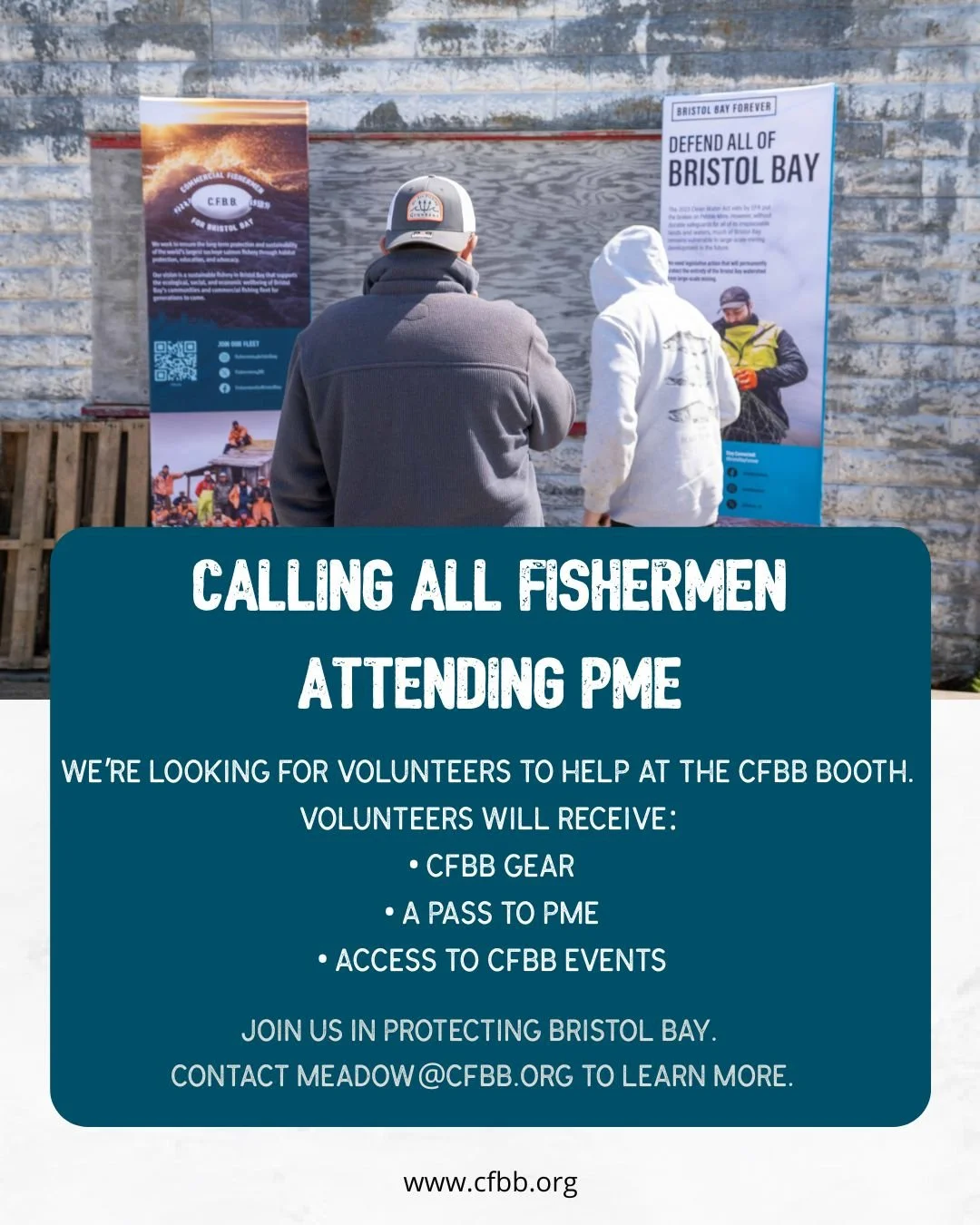 We&rsquo;re gearing up for Pacific Marine Expo next week and still need a few helping hands! 🎣

Volunteering with CFBB gets you:
 💙 CFBB gear
 💙 A PME pass
 💙 Access to CFBB events

Join us at PME and help protect Bristol Bay &mdash; the world&rs