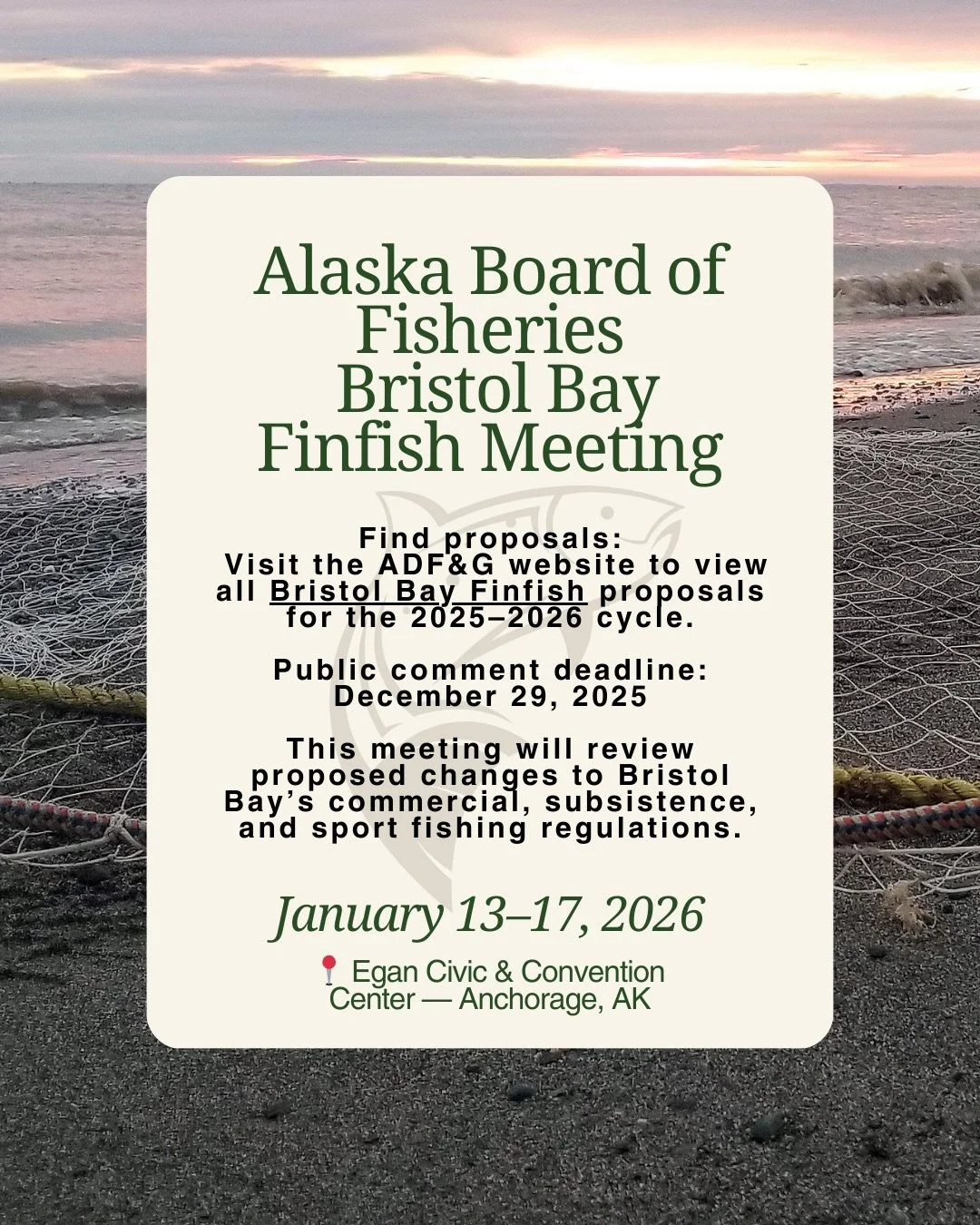 The Bristol Bay Finfish Board of Fisheries meeting is coming up in January, and it&rsquo;s an important moment for anyone who fishes the Bay to stay informed.
If you&rsquo;re curious about the proposals, how the process works, or how it could affect 