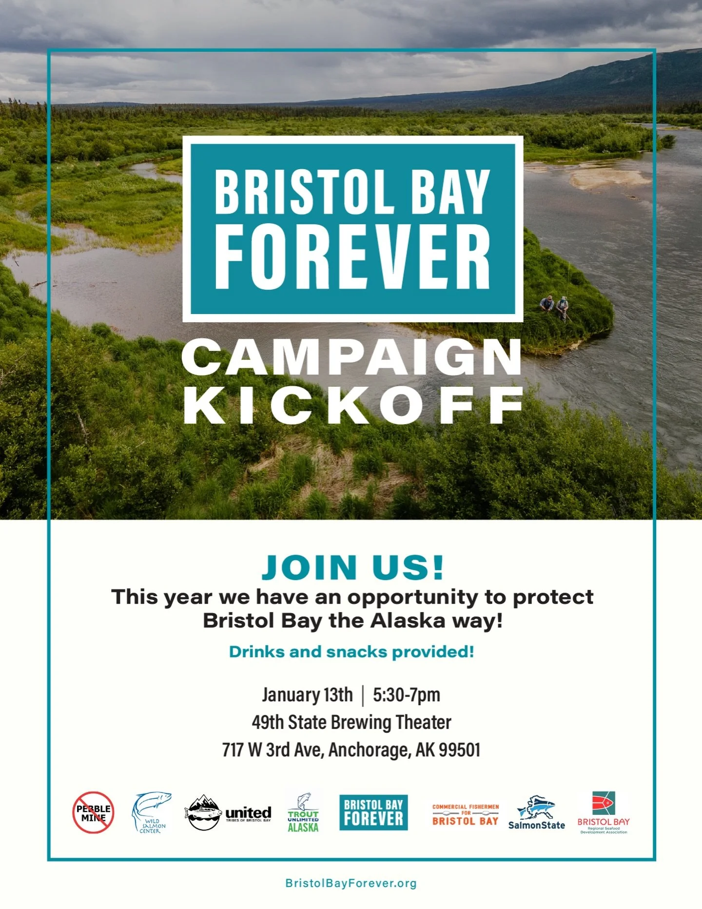 We are launching the Bristol Bay Forever campaign with a community gathering in Anchorage.
This kickoff is a chance to come together, share what is at stake for Bristol Bay, and connect with others who care about its future.
Join us for an evening of