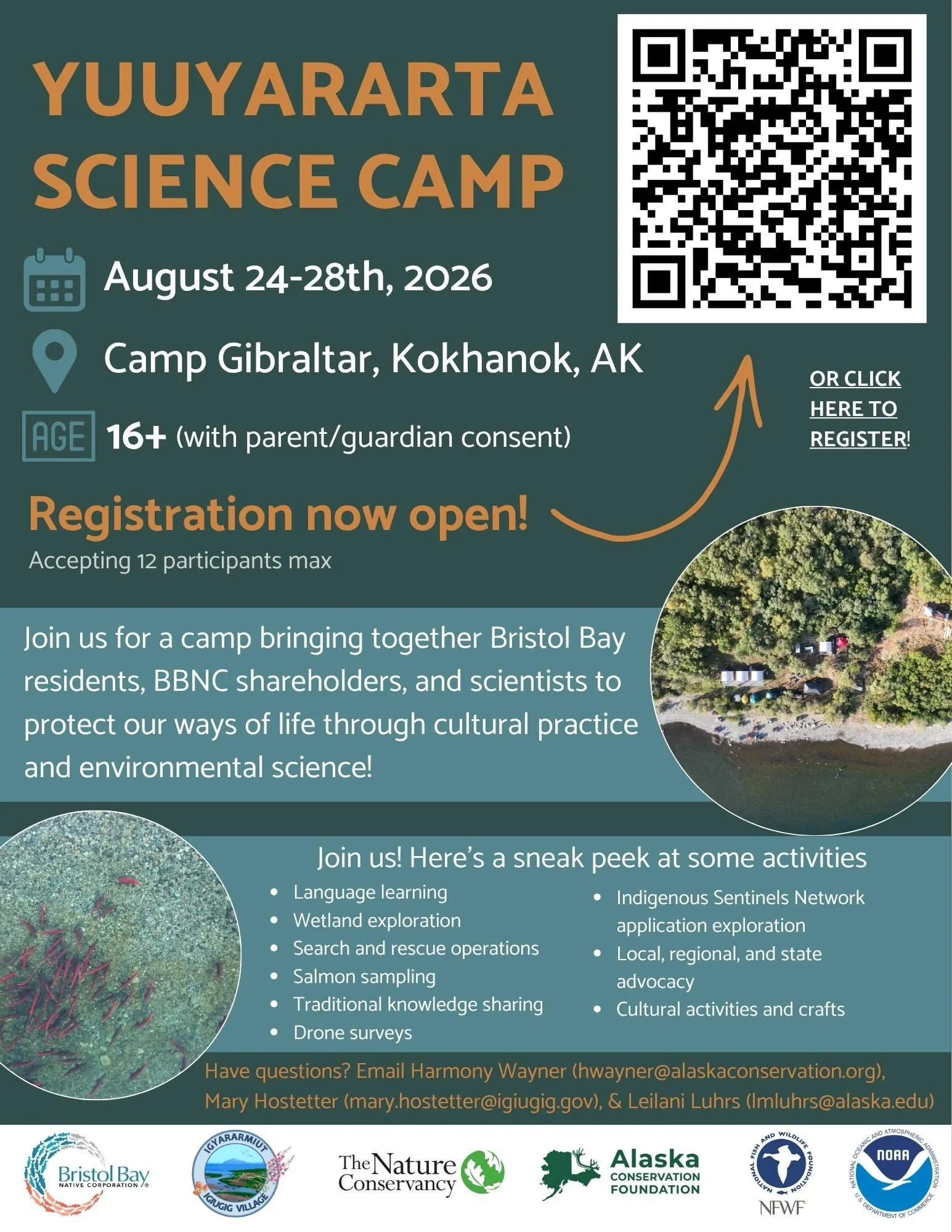 Introducing the 1st Annual Yuuyararta Science Camp, a 5-day experience at Camp Gibraltar in Kokhanok, AK for Bristol Bay residents and BBNC shareholders ready to get hands-on with the science and stewardship protecting our home.

August 24&ndash;28, 