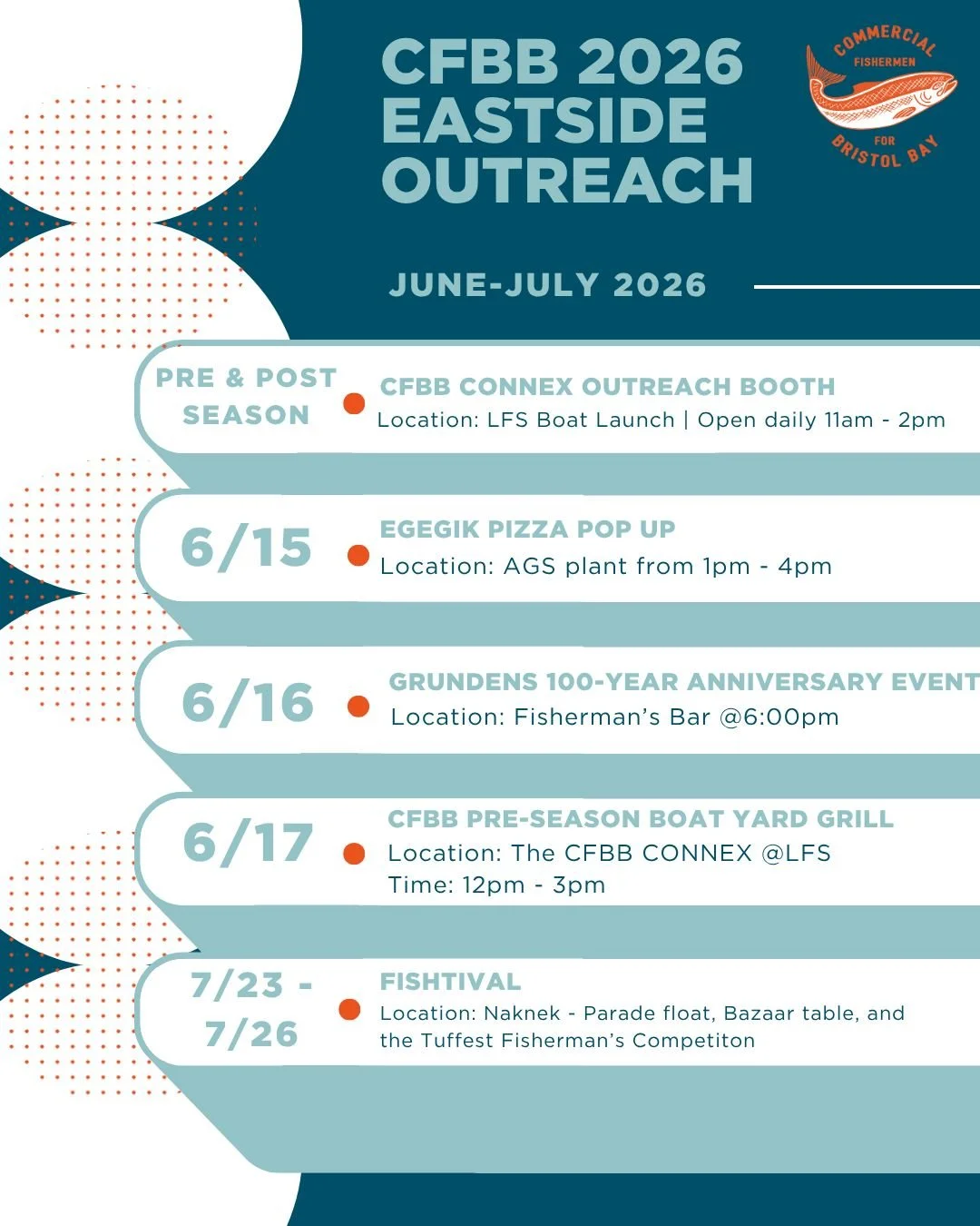 Upcoming CFBB Summer 2026 Events 📅 

Fishing season is almost here, and we've got a full lineup of events planned across Bristol Bay this summer. 

From our CFBB Connex Outreach Booth and community gatherings to the Egegik Pizza Pop-Up, Boat Yard Gr