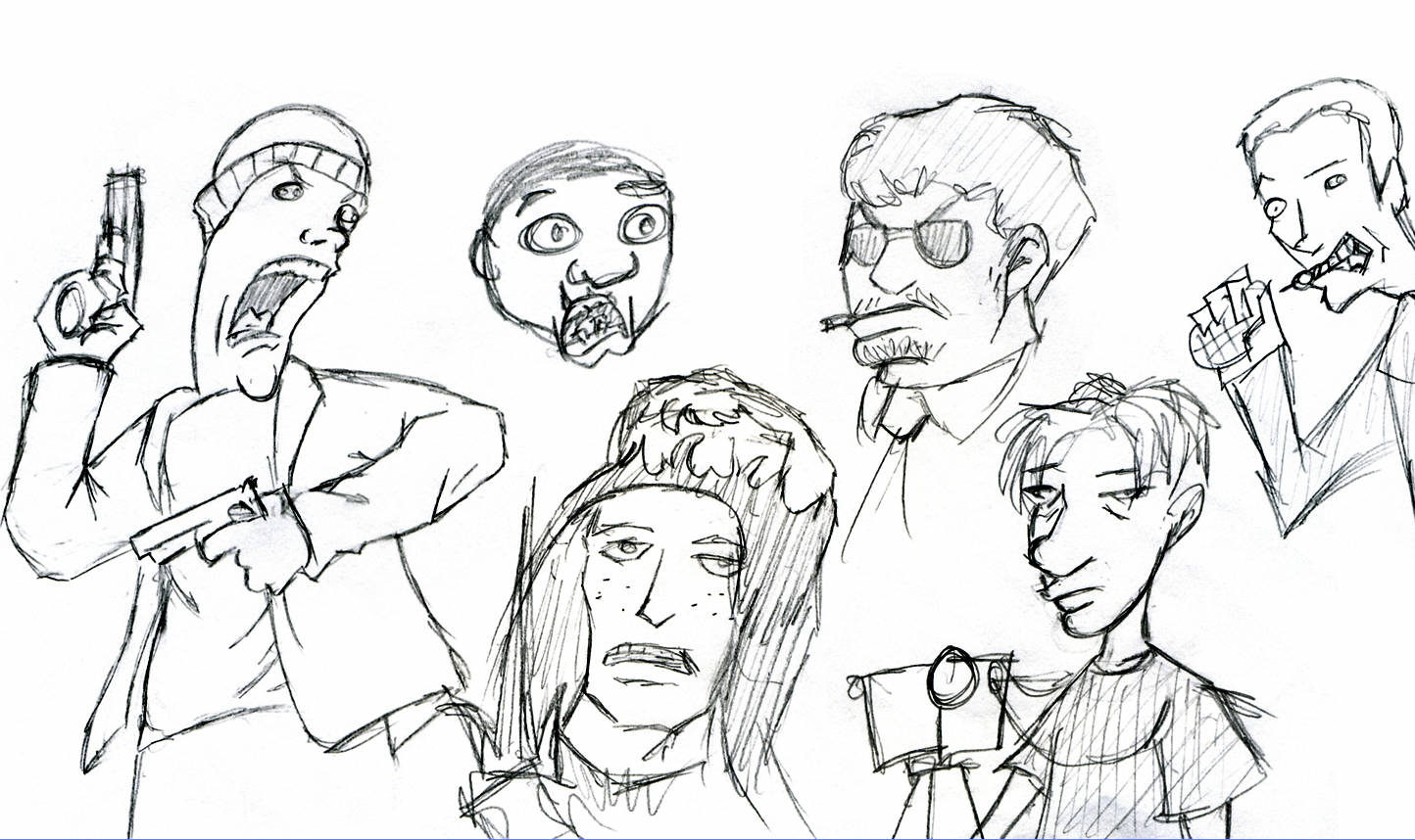 Caricatures of the Ninja Killface II cast and crew drawn by Daryl Della