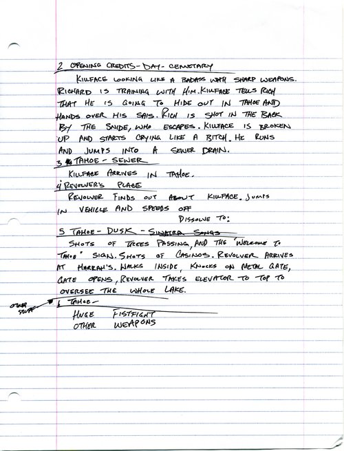 Handwritten story notes for Ninja Killface II