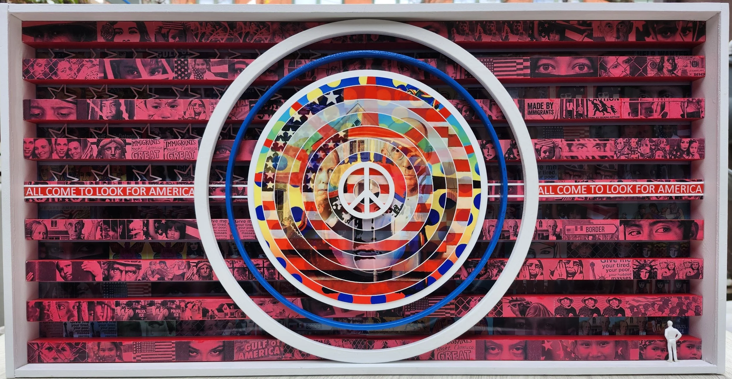 Miguel Cardenas   
   ALL COME TO LOOK FOR AMERICA  (Hand Cut Collage/Assemblage) 
  12 x 24 
   $800