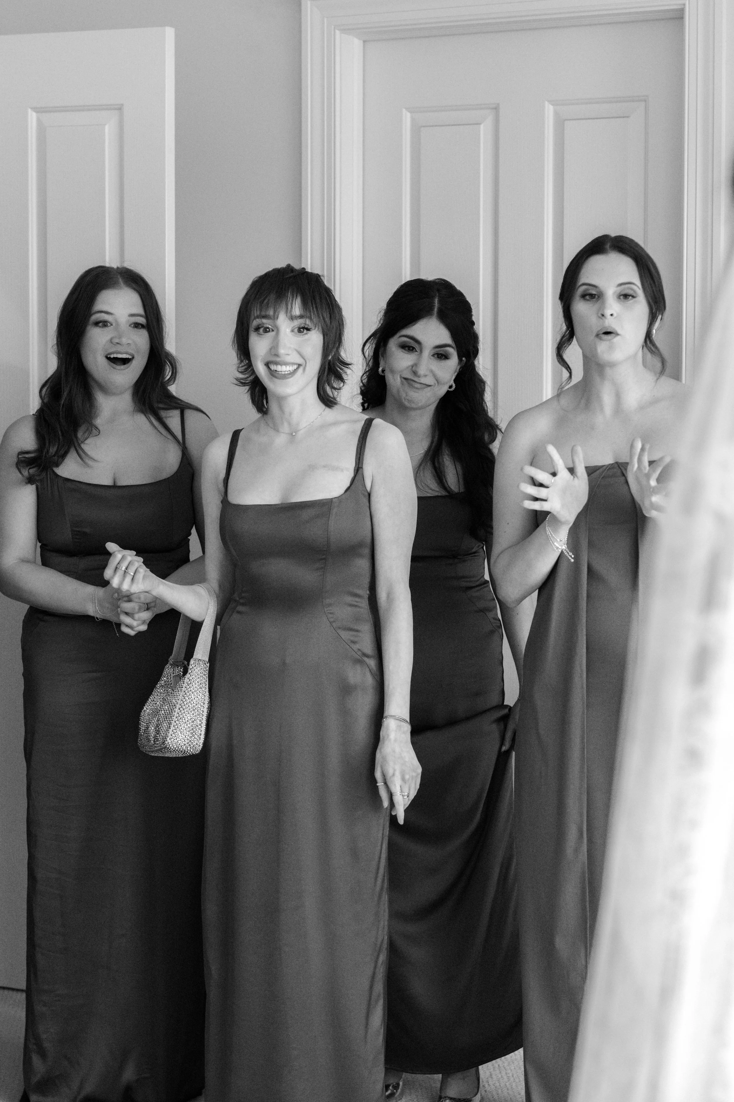 bridesmaids candid reaction to seeing a bride for the first time