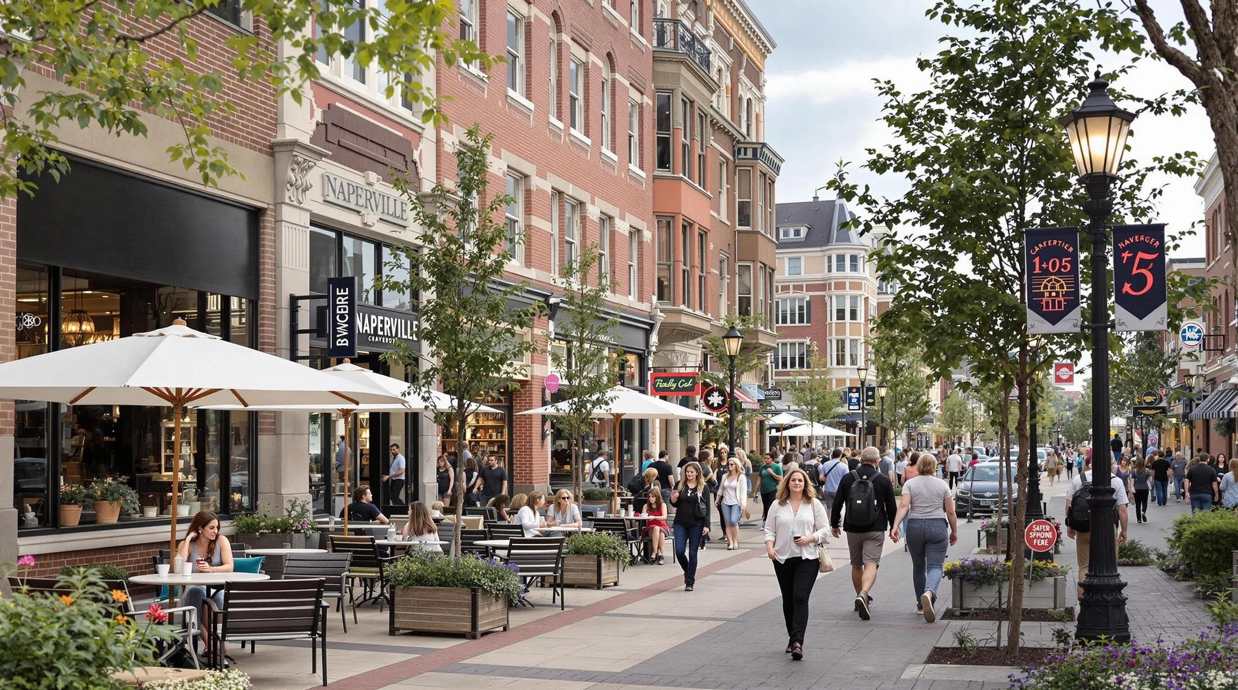 A vibrant downtown scene in Naperville with cafes, shops, and people walking around.