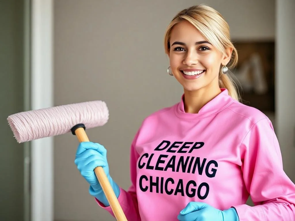 A girl in a cleaning uniform holds a mop in preparation for expert cleaning, holds a broom in her hand and gives the thumbs up.