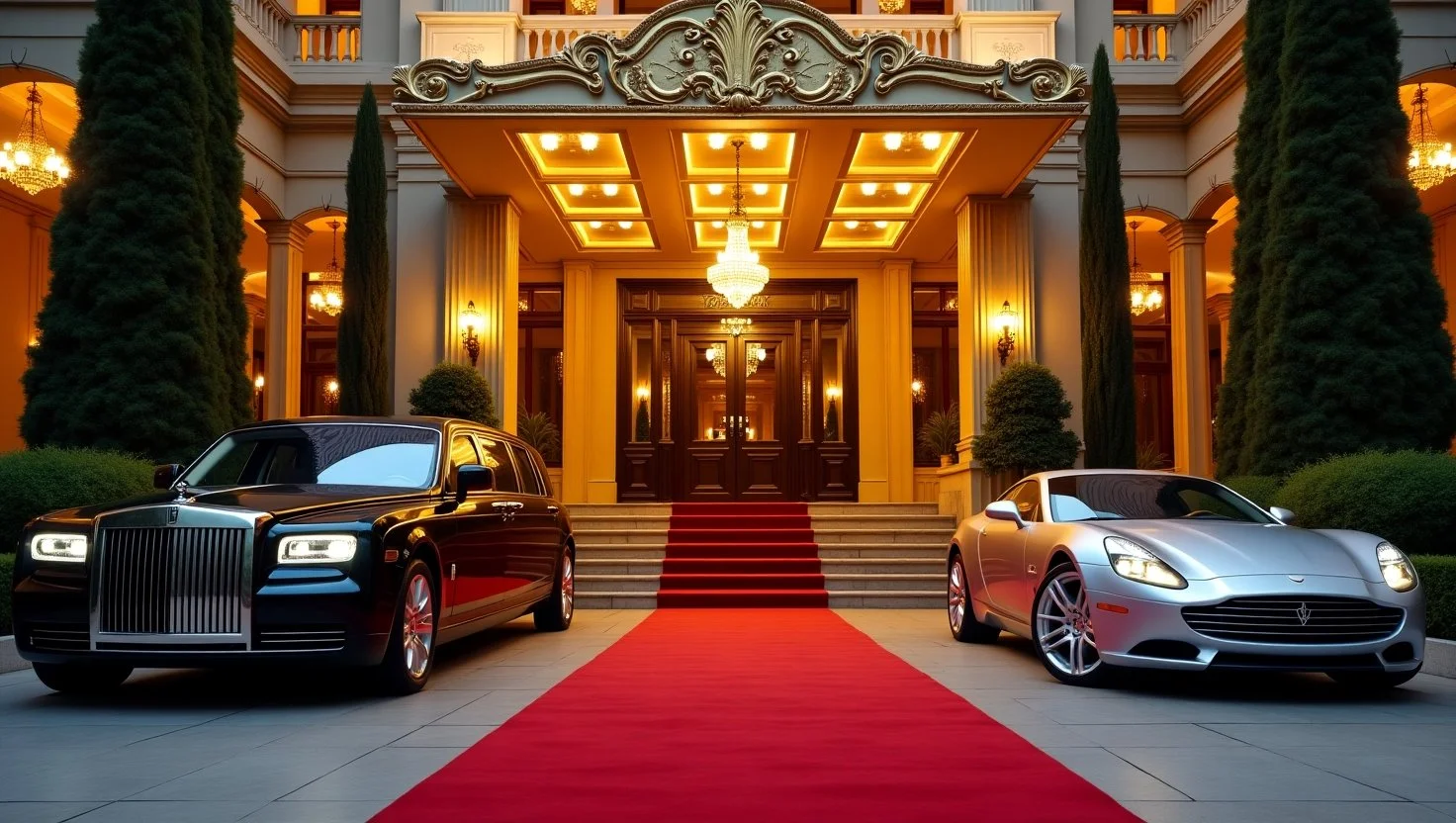 A grand hotel entrance with luxury cars parked outside and a red carpet feel.