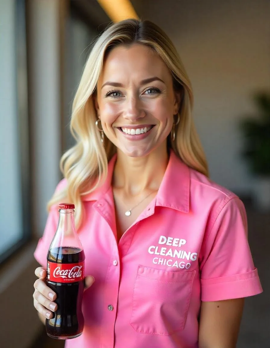A professional cleaner with a Coca-Cola in her hand is checking different ways to use it for cleaning.
