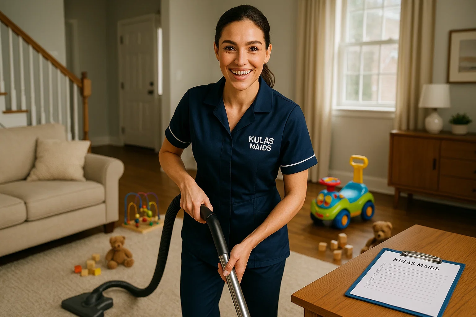 Female Kulas Maids cleaner smiling while vacuuming in a tidy Chicago family home with a checklist nearby.