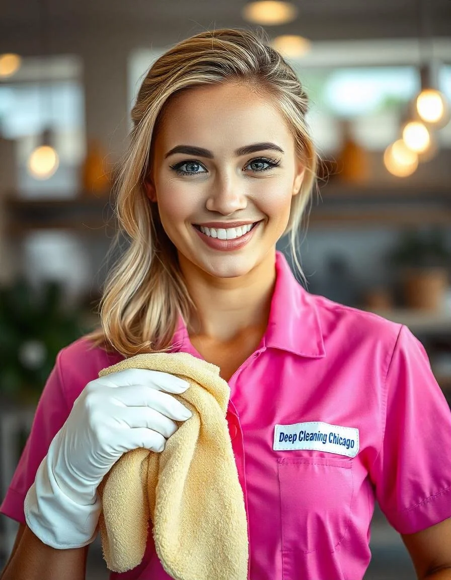 A beautiful professional cleaner with a cloth in her hands cleaning the indoors for seasonal cleaning.