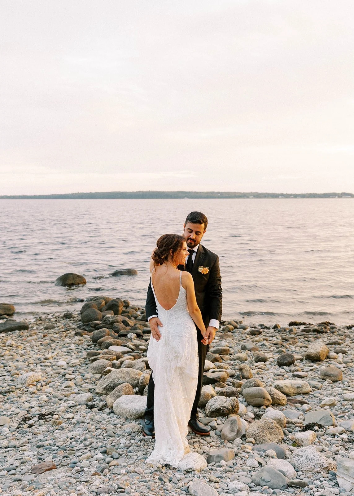 Bride and Groom on Shore at French's Point Wedding Venue
