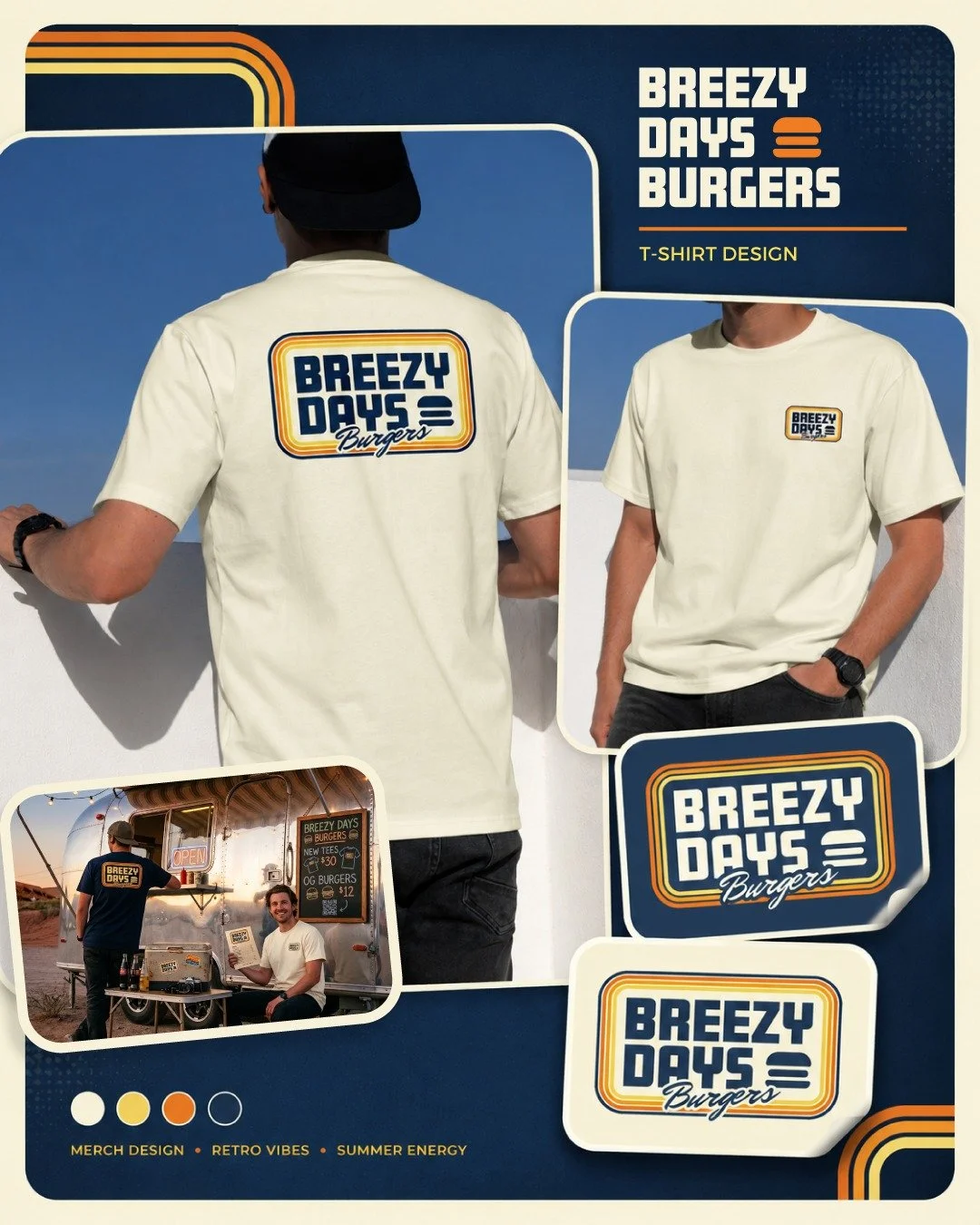 This merch concept for Breezy Days Burgers was built to feel like an extension of the brand, not an afterthought.

The goal was a front and back tee system with a relaxed retro feel, something wearable for the team, easy to sell as merch, and visuall