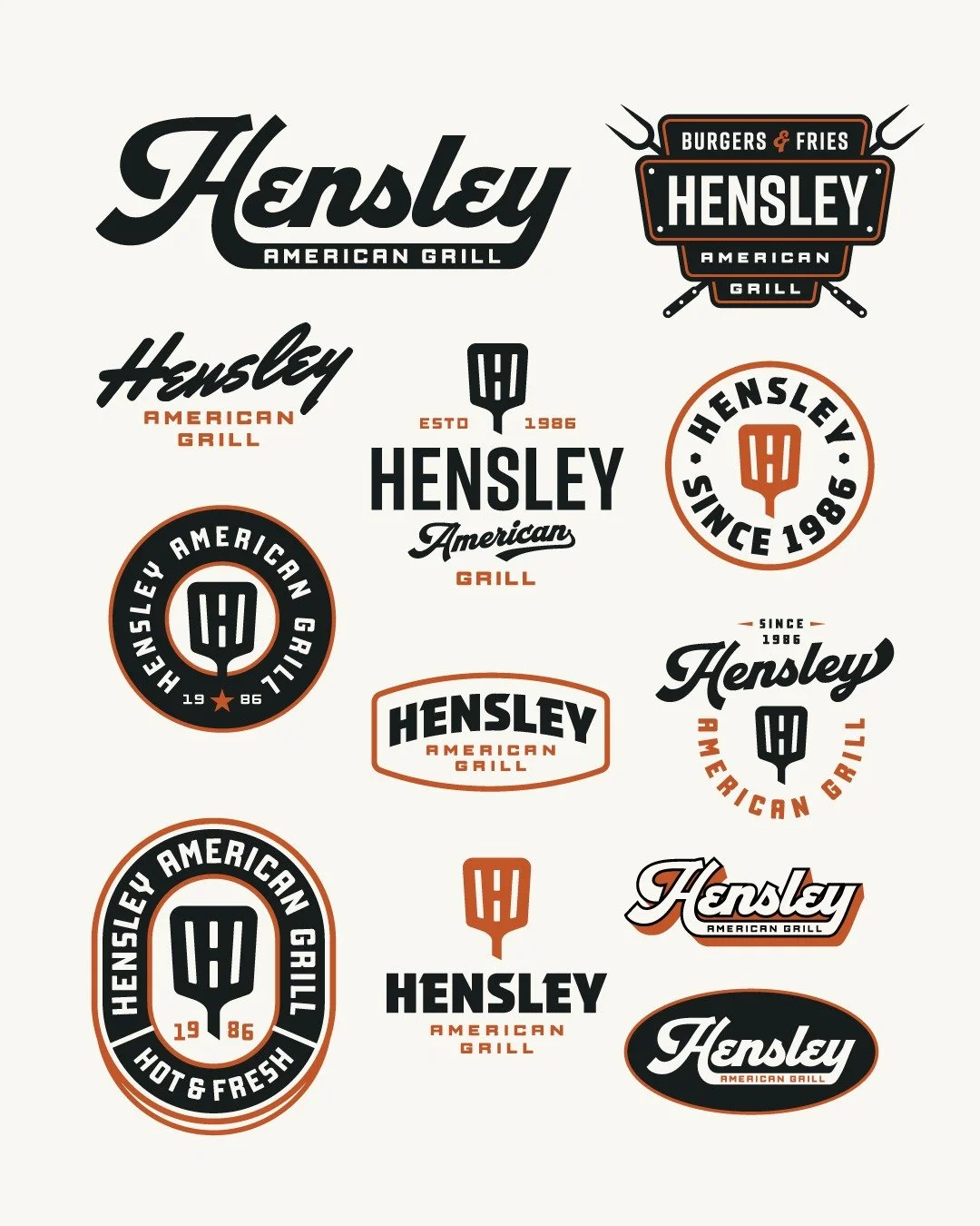Hensley American Grill, a retro-inspired restaurant identity built to feel bold, familiar, and ready for the real world.

The goal was to create more than a logo: a complete visual system that could work across signage, menus, packaging, uniforms, de