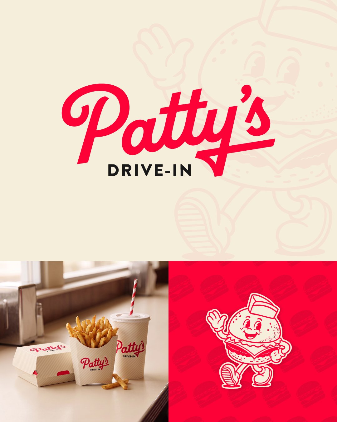 Patty&rsquo;s Drive-In, a retro-inspired brand identity built around bold typography, classic diner nostalgia, and a playful burger mascot.

The system brings together a custom wordmark, campaign graphics, packaging, patterns, and branded touchpoints