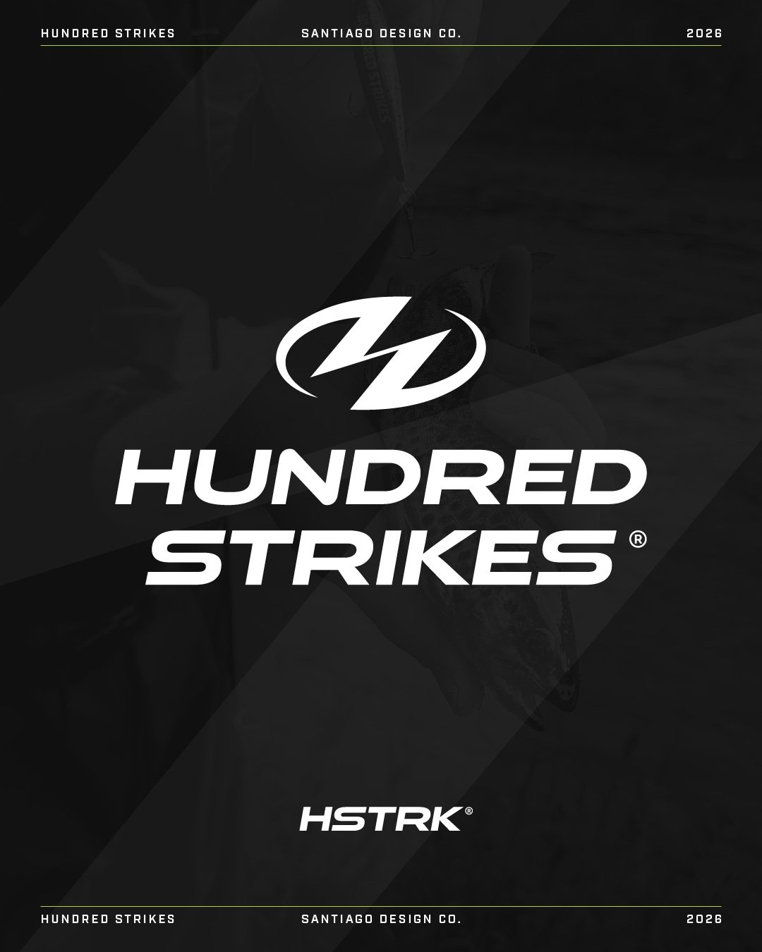Hundred Strikes, a brand identity built for performance, precision, and modern fishing culture.

From the core symbol and custom wordmark to product applications, packaging, apparel, and digital use, the system was designed to stay sharp, recognizabl