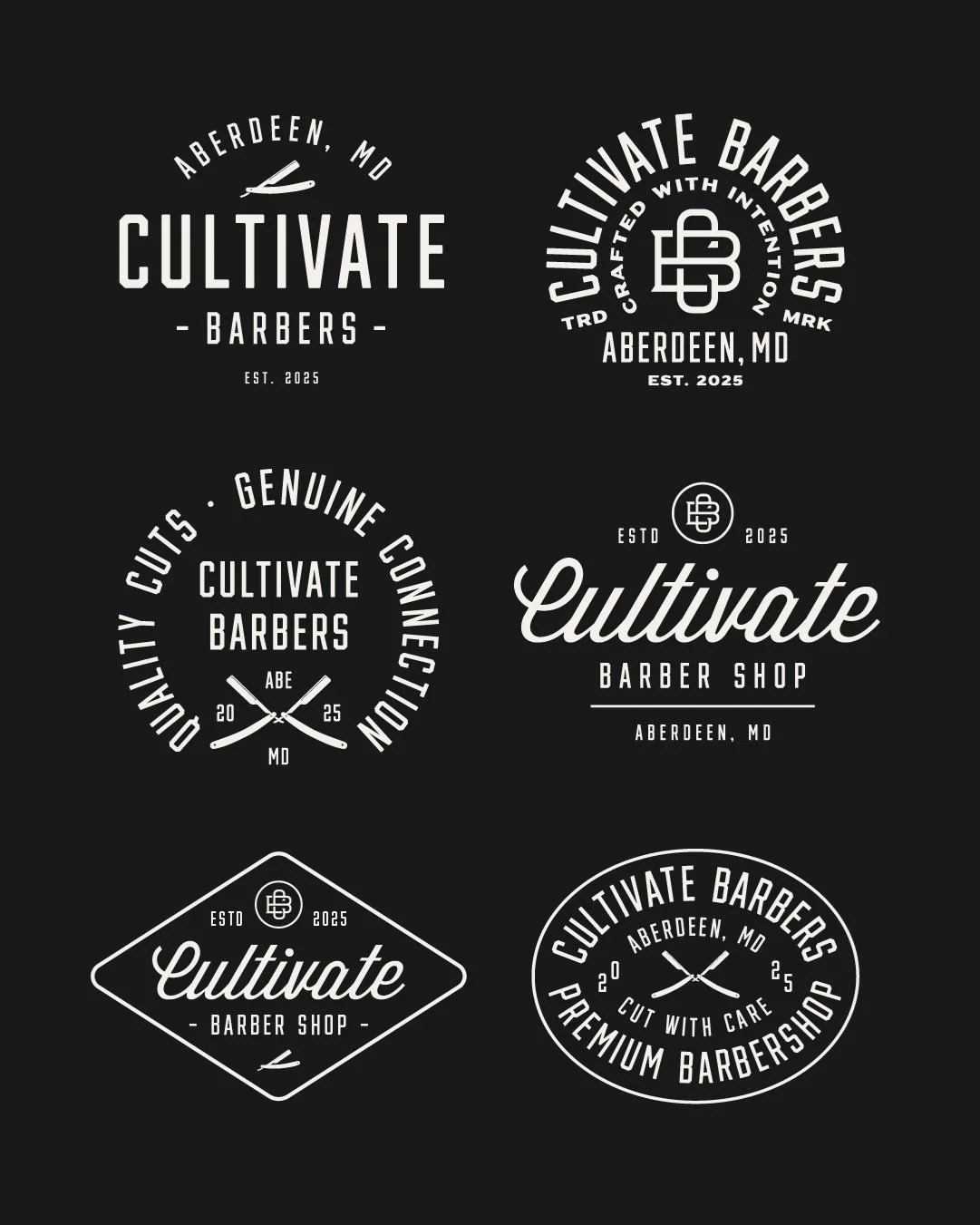 A complete identity system built around a bold, refined barbershop aesthetic, including the primary logo, secondary badge, monogram, supporting marks, T-shirt graphics, storefront signage, color palette, and typography system.

#BrandIdentity #Barber
