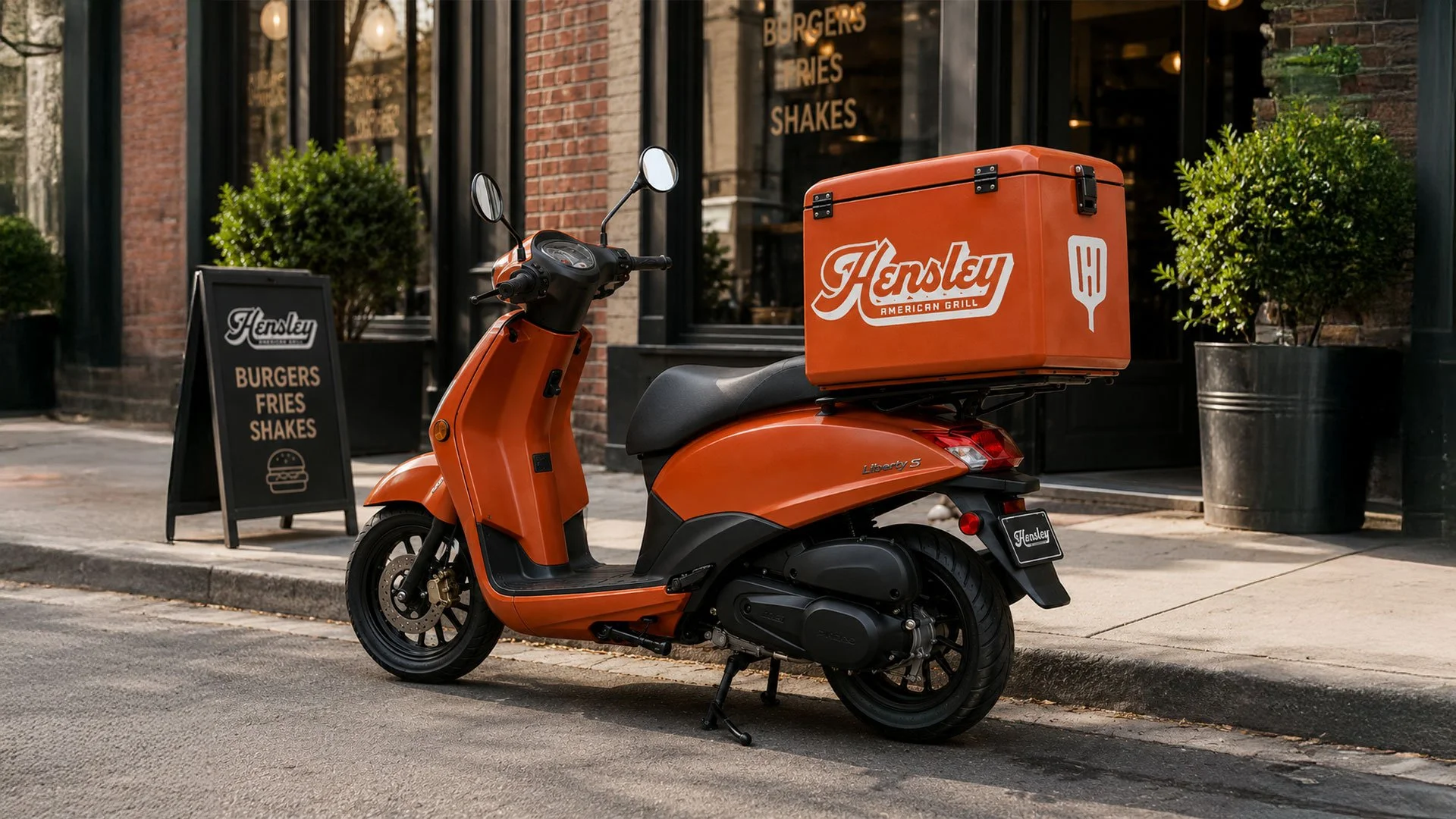Hensley American Grill branded delivery scooter with orange food delivery box parked outside a burger restaurant.