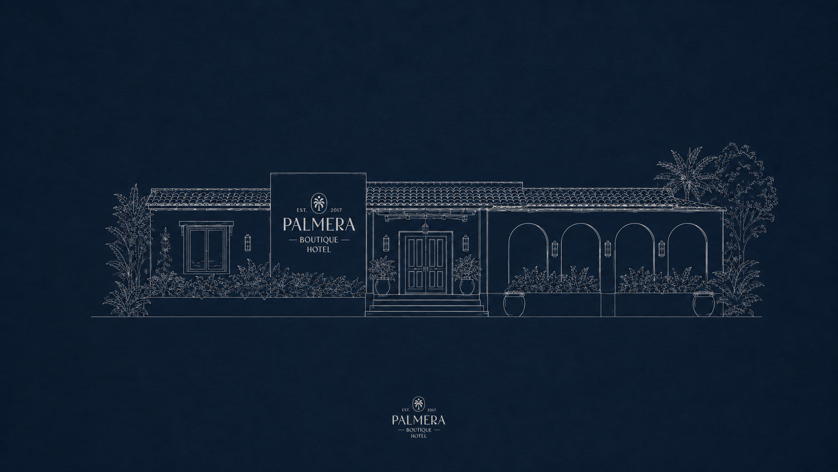 Palmera Boutique Hotel branding applied to vintage blueprint illustration