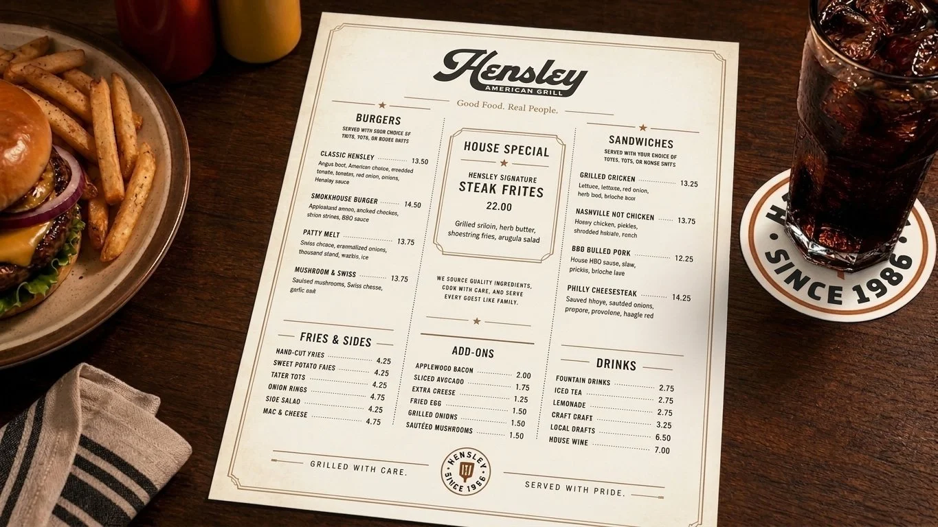 Printed table menu for Hensley American Grill with burger, fries, drink, coaster, and restaurant brand details.