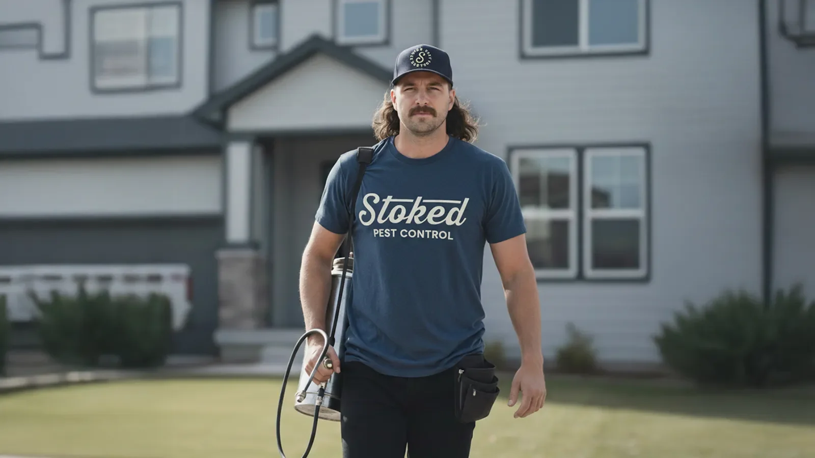 Pest control technician wearing Stoked Pest Control branded uniform with retro logo on navy apparel.
