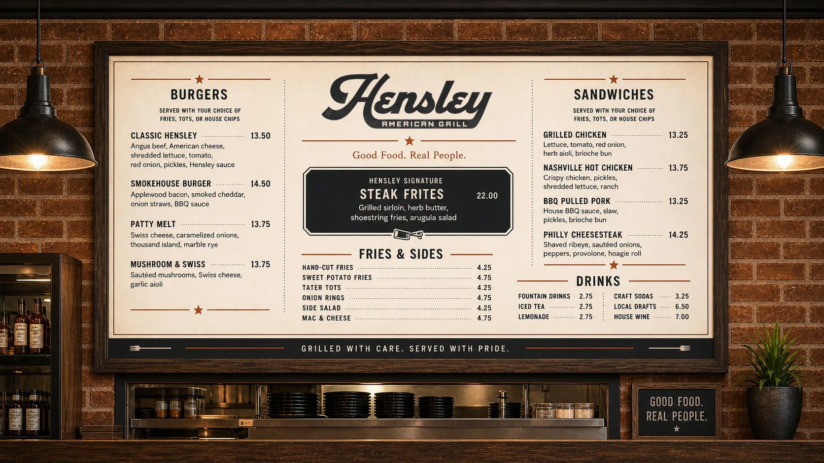Hensley American Grill interior menu board design with burgers, sandwiches, fries, sides, and drinks.