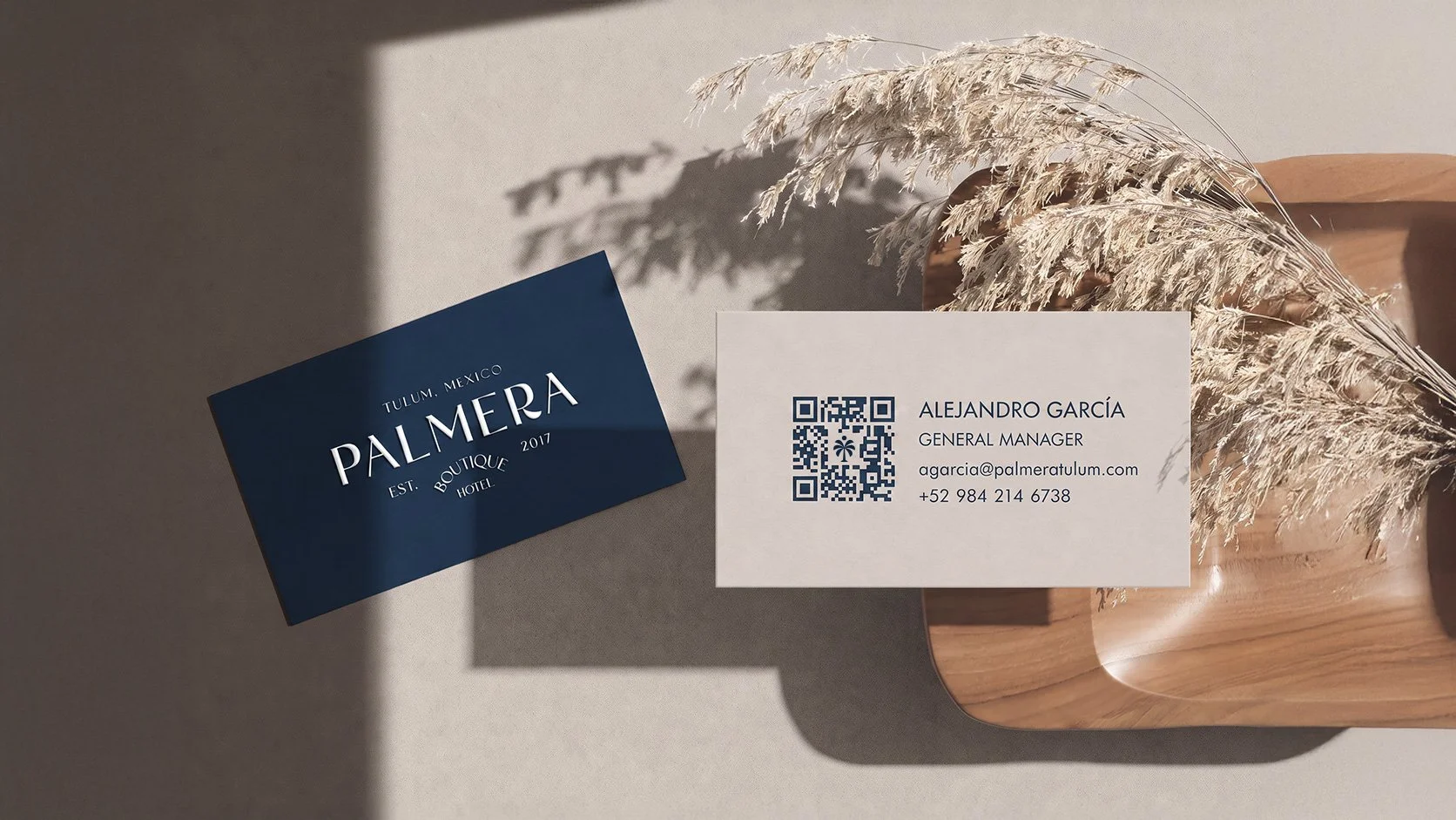 Palmera Boutique Hotel branding applied to business cards in Tulum, Mexico.