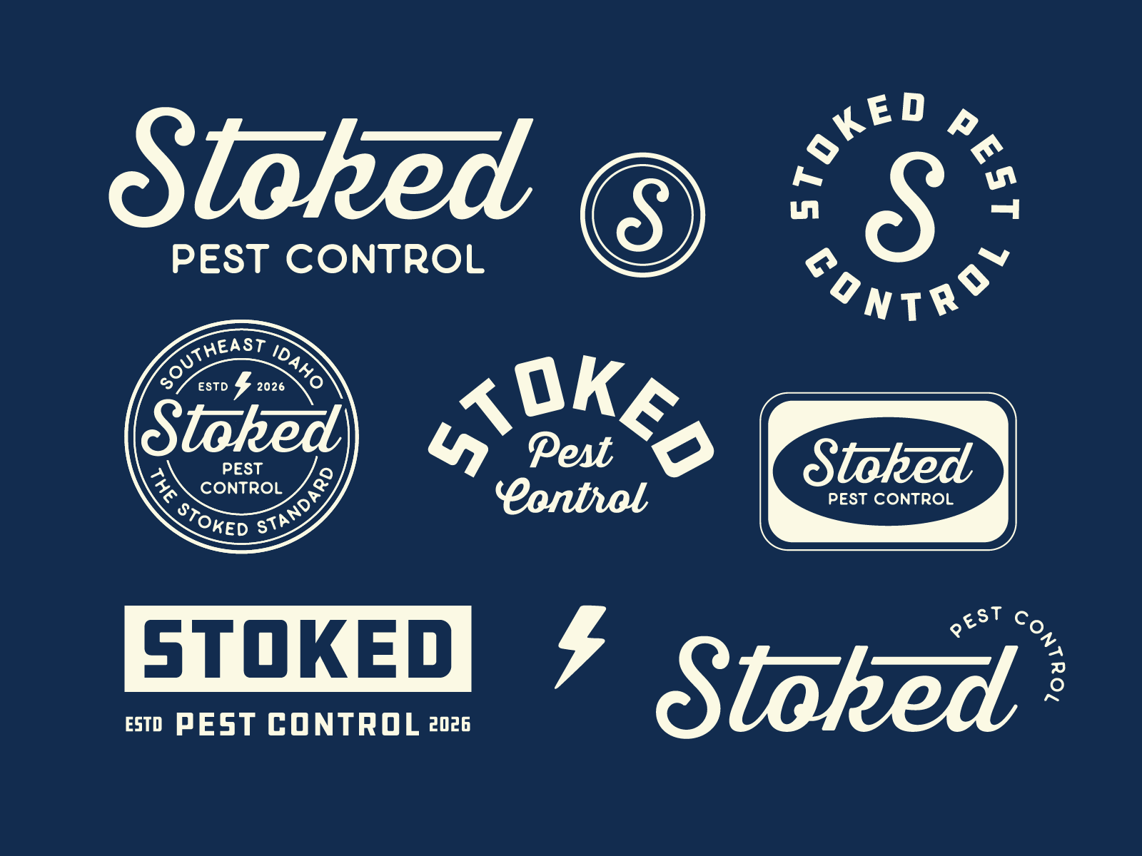 Stoked Pest Control logo system with retro wordmark, badges, icons, and secondary brand lockups.