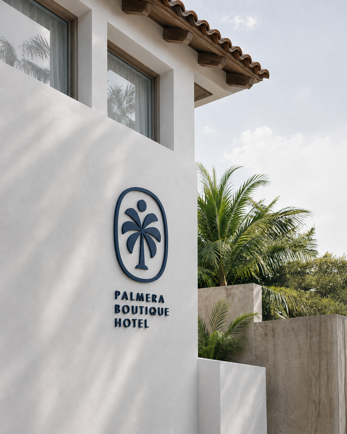 Palmera Boutique Hotel branding applied to the exterior of a tropical boutique hotel in Tulum, Mexico.