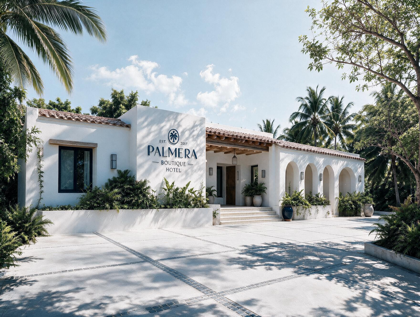 Palmera Boutique Hotel branding applied to the exterior of a tropical boutique hotel in Mexico.