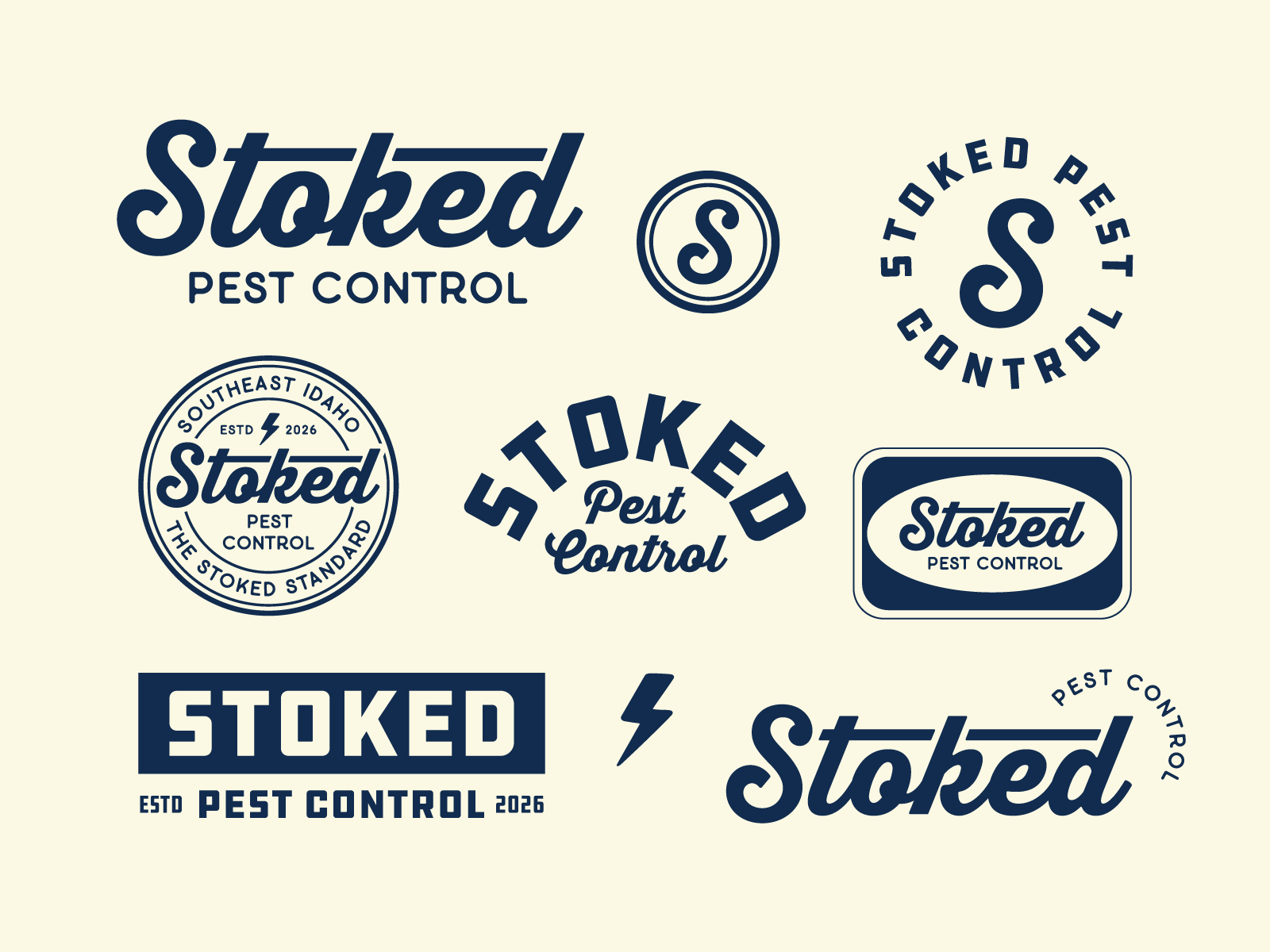 Stoked Pest Control logo variations in navy and cream, including badges, monogram, and lockup designs.