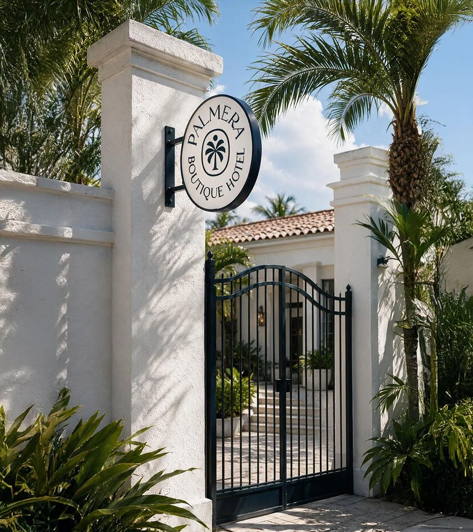 Palmera Boutique Hotel branding applied to signage in entrance gate.