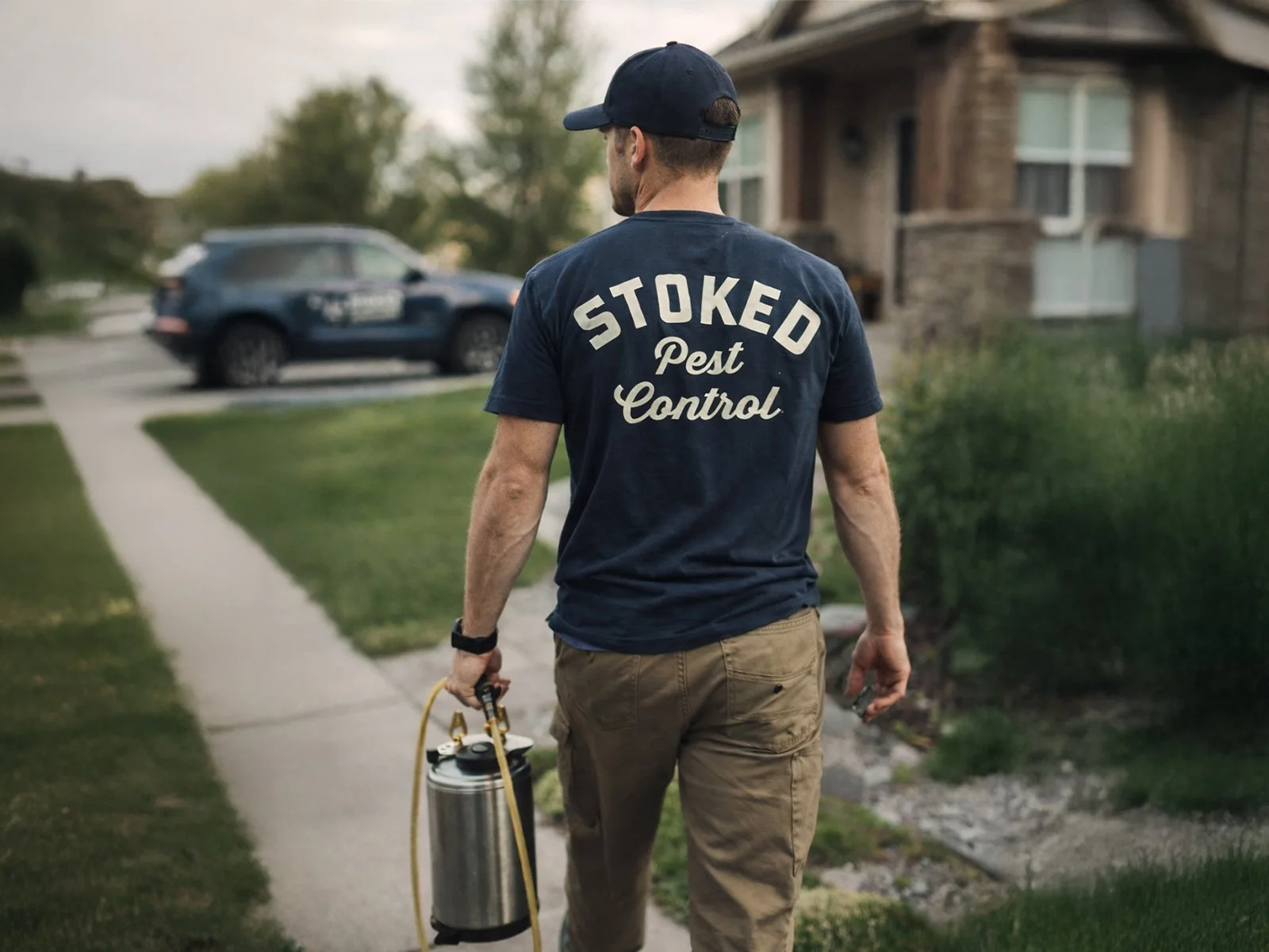 Back view of Stoked Pest Control branded workwear with retro logo lockup on navy shirt.